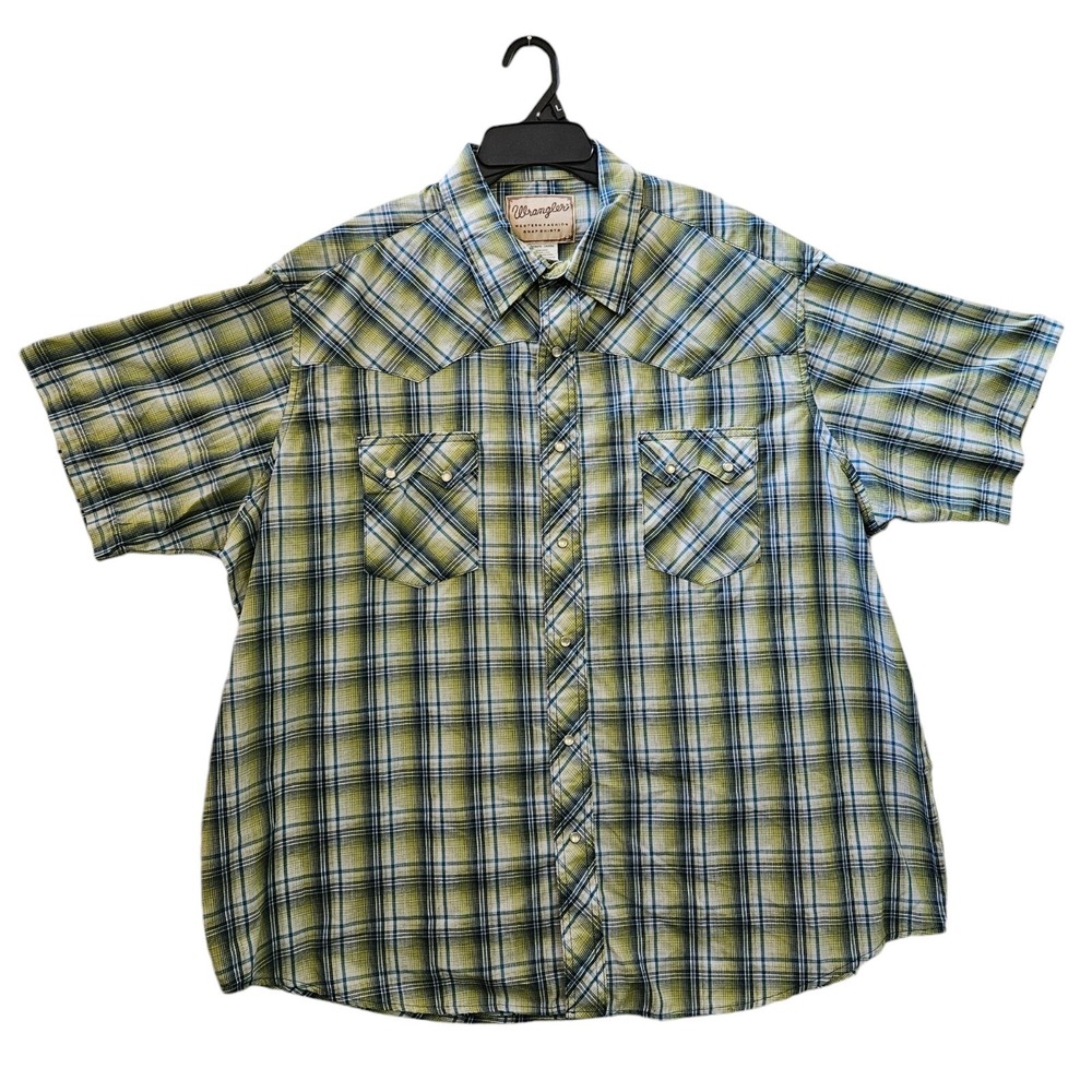 Wrangler Western Shirt Men 2XL Green Plaid Pearl Snap Casual Cowboy Work Coastal
